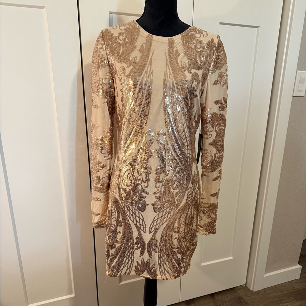 Lulu's Shimmering Gold Long Sleeve Dress